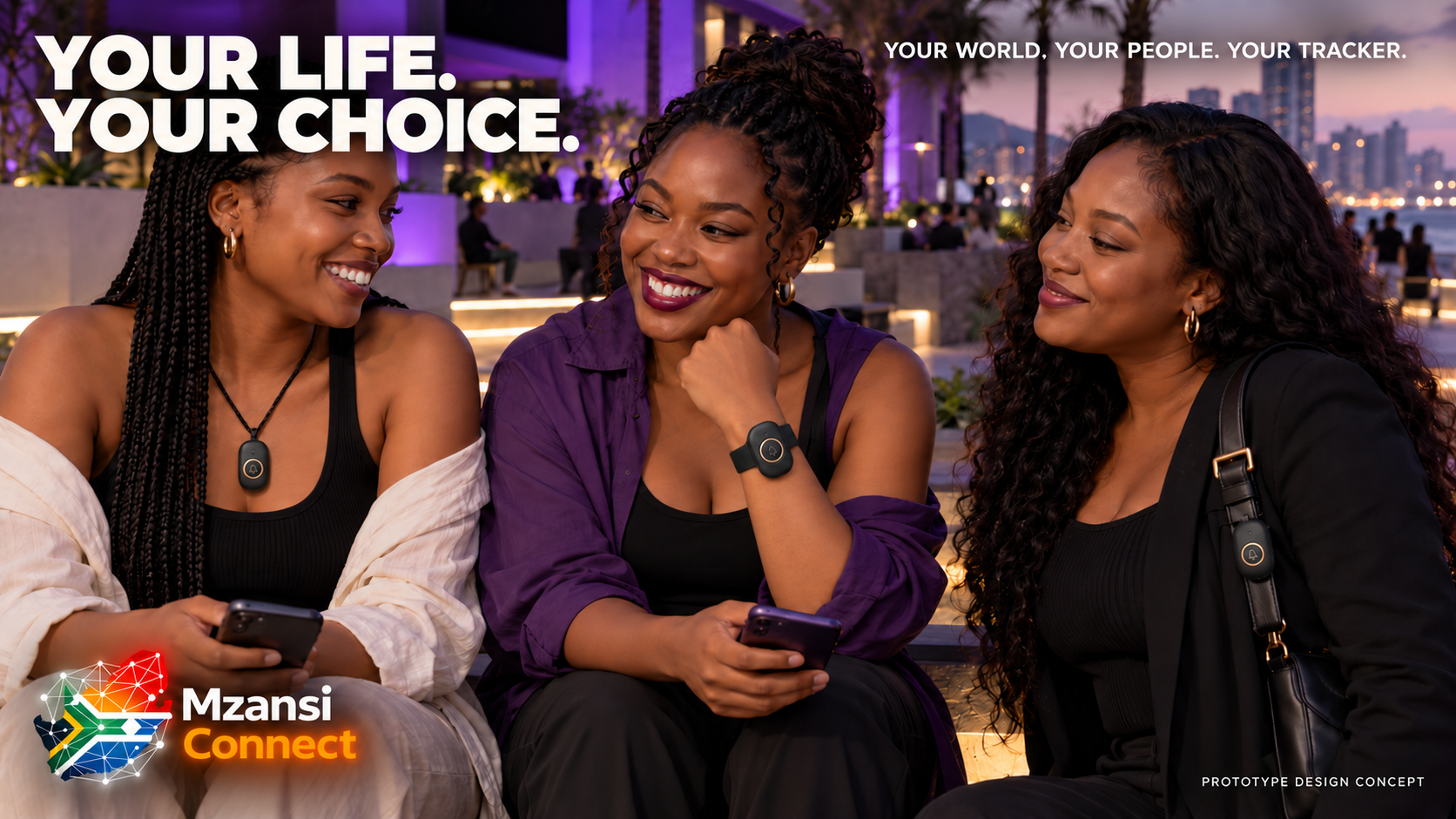 Your life. Your choice. Mzansi Connect campaign concept showing the pendant, wristband and clip, with a clearer wristband and company logo