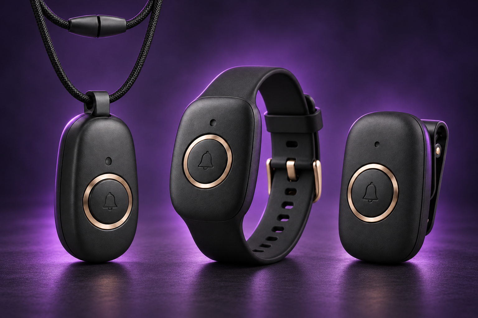 The reference Pendant, Wristband and Clip together in a purple-lit studio