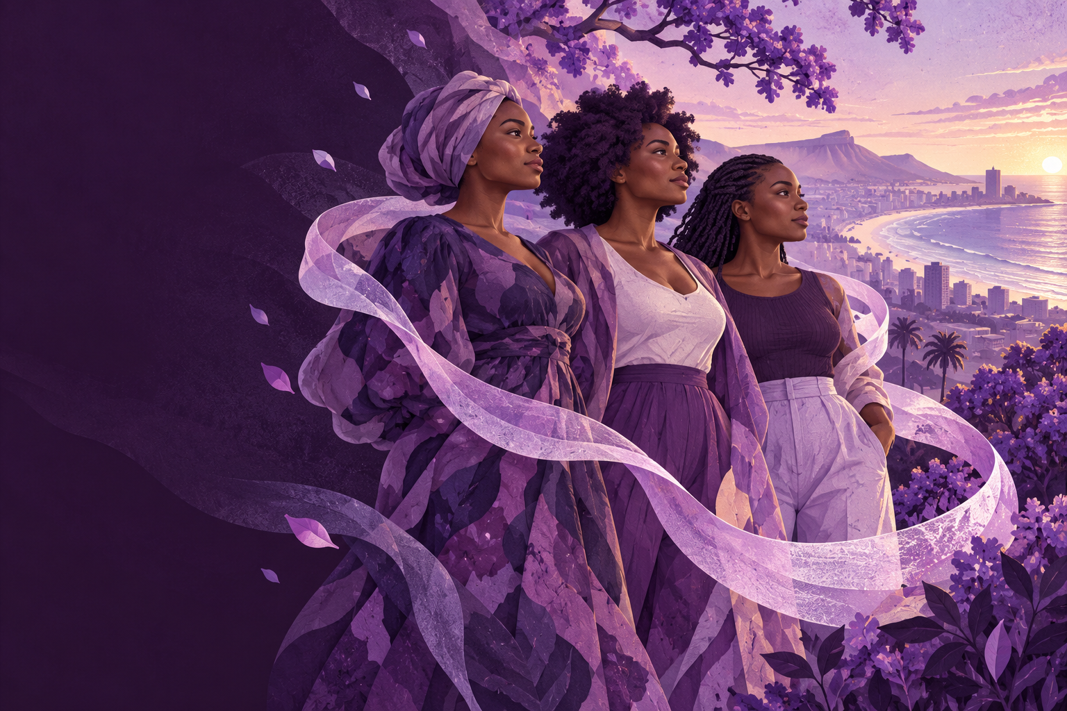 Original purple illustration of three women standing together, connected by flowing lavender ribbons above a South African coastal city