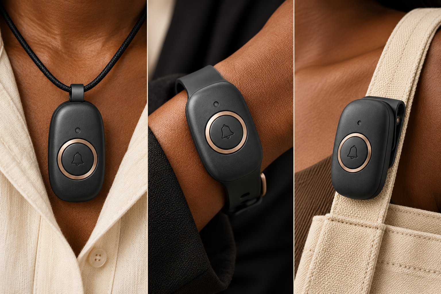 Close-up concept views of the reference pendant, wristband and clip being worn